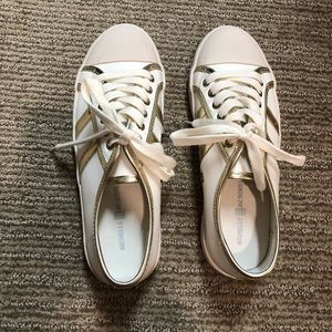 NEW- never worn, white and gold sneakers